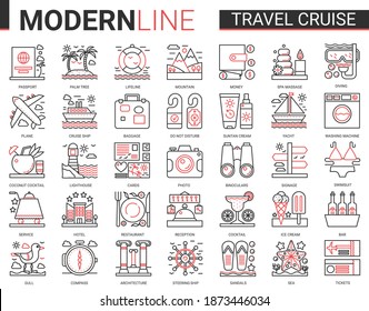 Travel cruise complex thin red black line icon vector illustration set. Outline tourism mobile app symbols of traveling transport, hotel service for tourists, sea summer beach party items.