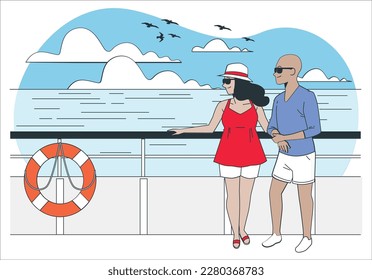 Travel cruise ship couple on sunset cruise in Hawaii holiday. Two tourists lovers on honeymoon travel enjoying summer vacation.