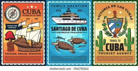 Travel to Cuba, caribbean resort retro posters. Christopher Columbus caravel, phrygian cap and yacht, sea turtle, marlin fish and cuba coat of arms. Vacation on tropical island, travel agency banner