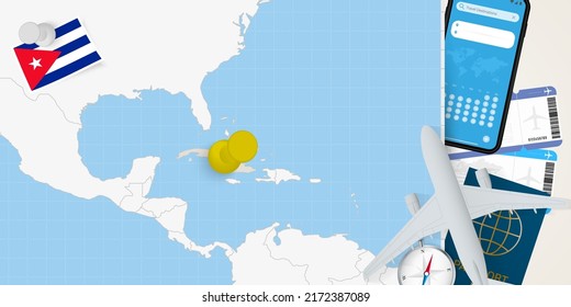 Travel to Cuba concept, map with pin on map of Cuba. Vacation preparation map, flag, passport and tickets. Vector illustration in flat design.