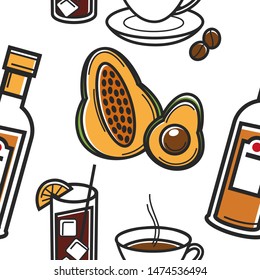 Travel to Cuba food and drink seamless pattern cocktail with ice and lemon coffee beans and cup on saucer avocado fruit, and golden rum endless texture Cuban symbols beverages and organic product