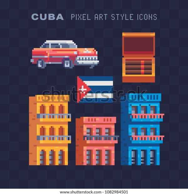 Travel to Cuba, pixel art icons set Part4, Cuban\
cigars and national flag, Retro red car 60, wall with graffiti,\
traditional colorful houses. Isolated vector illustration. 8-bit.\
Design sticker, logo.