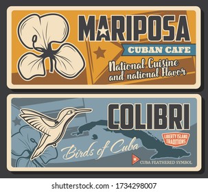 Travel to Cuba retro vector posters with mariposa flower, national Cuban flag, map of exotic island and colibry bird symbol of Cuba. Tourism and traveling to Havana and Caribbean islands vintage cards