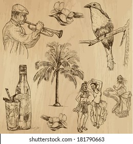 Travel : CUBA set no.3. Collection of hand drawn illustrations. Each drawing comprises two layers of outlines, the colored background is isolated.