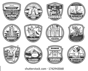 Travel, culture, sport and religion of Japan vector icons. Fuji mountain, bonsai tree, tea ceremony and geisha kimono, buddhist temple, dragon and samurai, yabusame and kabuki theatre, karate sport