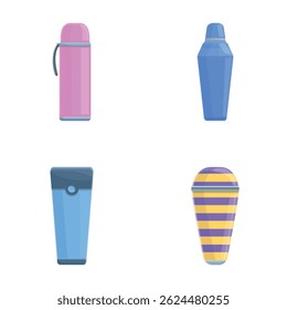 Travel cup icons set cartoon vector. Various thermal cup and thermos. Termo container for warm drink