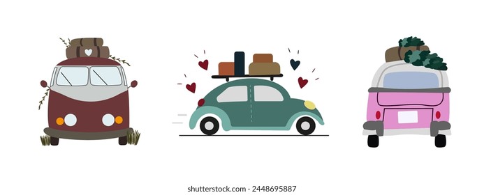 Icono de Vector de coches lindos de viaje aislado sobre fondo blanco. Verano coche de viaje familiar. Caricatura turística de coche rosa en diseño plano, maletas en el techo del coche