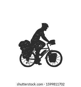 Travel cyclist silhouette hand drawn vector isolated on white, Bike-packing