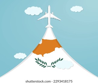 Travel to Cyprus by flight, destination concept, vacation in Cyprus, plane vector design, paper cut effect with blue sky and airplane, summer trip idea, country tourism banner