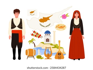 Travel to Cyprus infographic poster collage with Cypriot people in traditional dress and food, culture elements and nature and Greek ancient attractions for tourist cartoon vector illustration