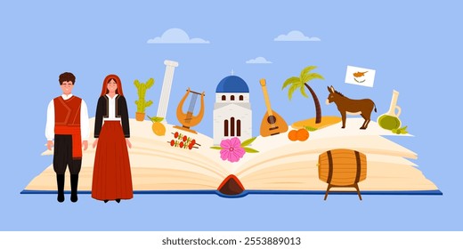 Travel to Cyprus, infographic sightseeing landmarks and tourist attractions in open book. Cyprus vacation collage with people in traditional dress, Greek monastery, food cartoon vector illustration