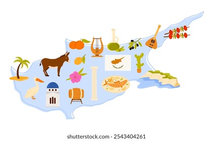 Viaje para o Chipre set, cultura e marco, adesivos de alimentos no mapa infográfico. Cabo Greco, coluna e antigo mosteiro edifício, guitarra e alaúde, laranja e limão colheita cartoon ilustração vetor