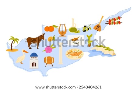 Travel to Cyprus set, culture and landmark, food stickers on infographic map. Cape Greco, column and old monastery building, guitar and lute, orange and lemon harvest cartoon vector illustration