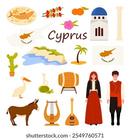 Travel to Cyprus set. Historic Greek monastery monuments and culture landmarks, Cypriot people in national costumes, Cape Greco and souvlaki, palm tree and flower of beach cartoon vector illustration