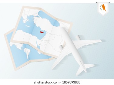 Travel to Cyprus, top view airplane with map and flag of Cyprus. Travel and tourism banner design.