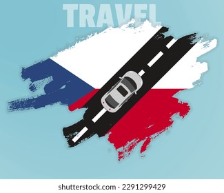 Travel to Czech Republic by car, going holiday idea, vacation and travel banner concept, car on the road with Czech Republic flag, international car travel, automobile going on a way, top view