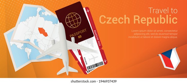 Travel to Czech Republic pop-under banner. Trip banner with passport, tickets, airplane, boarding pass, map and flag of Czech Republic. Vector template.