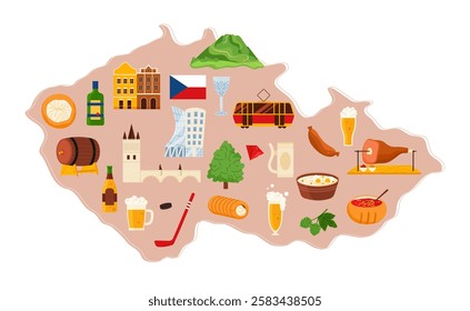 Travel to Czech Republic set, culture elements and landmarks, food in infographic map poster. Croatian flag and sightseeing of Prague, cute atlas with beer and pork knuckle cartoon vector illustration