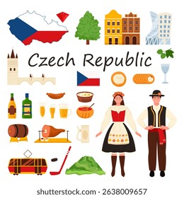 Travel to Czech Republic set, infographic poster with title, stickers of culture elements and landmarks, food and beer. Czech man and cute woman in traditional dress, cartoon vector illustration