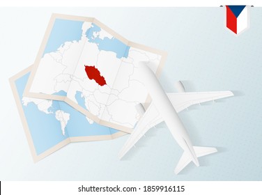 Travel to Czech Republic, top view airplane with map and flag of Czech Republic. Travel and tourism banner design.