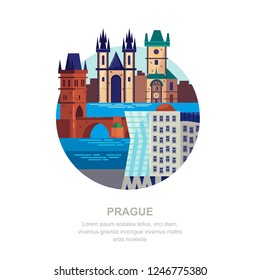 Travel to Czech Republic vector flat illustration. Prague city symbols and touristic landmarks. City building icons and design elements.