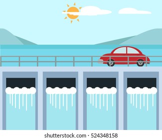 Travel to dam by car in flat style, vector