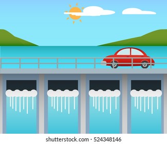 Travel to dam by car in gradient color, vector