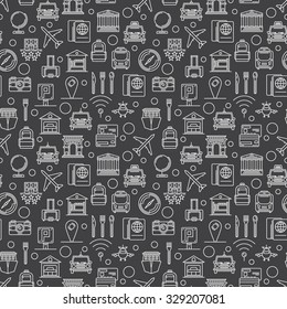 Travel dark pattern - vector seamless tourism background or texture in thin line style