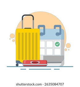 Travel Date Concept. pointing to calendar with check mark indicating Annual Leave, vacation planning. taking time off or vacation to relax and unwind from hard work. flat design illustration.