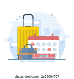Travel Date Concept. pointing to calendar with check mark indicating Annual Leave, vacation planning. taking time off or vacation to relax and unwind from hard work. flat design illustration.