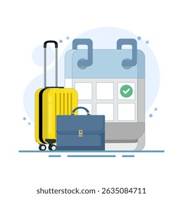 Travel Date Concept. pointing to calendar with check mark indicating Annual Leave, vacation planning. taking time off or vacation to relax and unwind from hard work. flat design illustration.