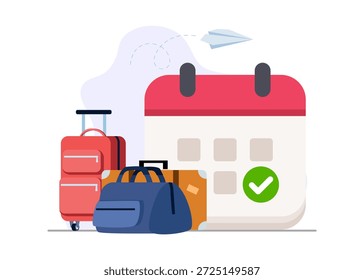 Fecha de viaje y concepto de vacaciones. Apuntando al calendario con marca de verificación, indicando vacaciones anuales y planificación de vacaciones. Ilustración de stock.