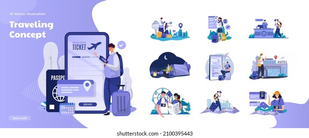 Travel day illustration collection set, booking ticket travel online, vacation day concept