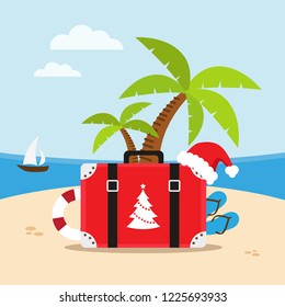 Travel to de beach in Christmas holiday. Vector illustration