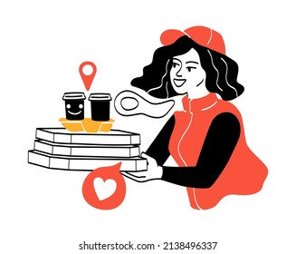 Travel and delivery. Girl carrying boxes and two mugs. Character fulfills order of customers, food, restaurant and shopping malls. Convenient service, customer care. Cartoon flat vector illustration
