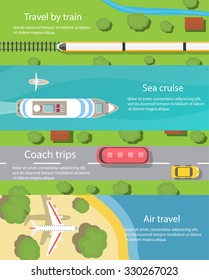 Travel and delivery horizontal banners set with ship, car, bus, plane, train,  top view. Transport and transportation, cargo and logistics, vector illustration