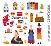 Travel to Denmark, famous culture elements and landmarks set. Rosenborg Castle and Frederiks Church of Copenhagen, Viking boat, map and flag, Danes in national costumes cartoon vector illustration