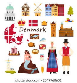 Travel to Denmark, famous culture elements and landmarks set. Rosenborg Castle and Frederiks Church of Copenhagen, Viking boat, map and flag, Danes in national costumes cartoon vector illustration