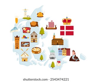 Travel to Denmark, famous culture symbols, country landmarks and Viking heritage, food on infographic map. Rosenborg Castle and Frederiks Church, mermaid and drakkar boat cartoon vector illustration