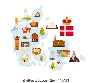 Travel to Denmark, famous culture symbols, country landmarks and Viking heritage, food on infographic map. Rosenborg Castle and Frederiks Church, mermaid and drakkar boat cartoon vector illustration