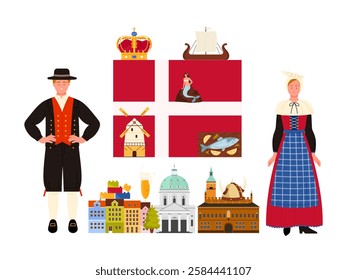 Travel to Denmark. Infographic poster collage with giant flag and Danish culture elements, food and landmarks, Danes man and woman in national costumes and kings crown cartoon vector illustration