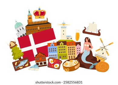 Travel to Denmark, national culture and food, landmark in infographic collage. Danish country famous elements for tourists, flag and mermaid, colorful houses of Copenhagen cartoon vector illustration