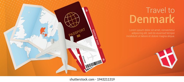 Travel to Denmark pop-under banner. Trip banner with passport, tickets, airplane, boarding pass, map and flag of Denmark. Vector template.