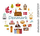 Travel to Denmark round banner or poster design. Danish map with flag pattern and famous culture symbols of Denmark, kings crown and heritage architecture, food in circle cartoon vector illustration