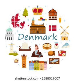 Travel to Denmark round banner or poster design. Danish map with flag pattern and famous culture symbols of Denmark, kings crown and heritage architecture, food in circle cartoon vector illustration