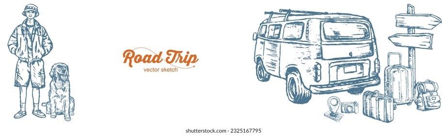 travel design collection, travel icon set, for tourism in hand drawn style, hand drawn lettering.
vintage and retro concept line design sketch, pointer, street sign, suitcase, camera. Vector road trip