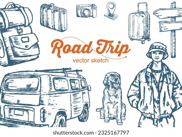 travel design collection, travel icon set, for tourism in hand drawn style, hand drawn lettering.
vintage and retro concept line design sketch, pointer, street sign, suitcase, camera. Vector road trip