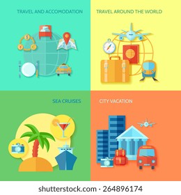 Travel design concept set with accomodation sea cruises and city vacation flat icon set isolated vector illustration