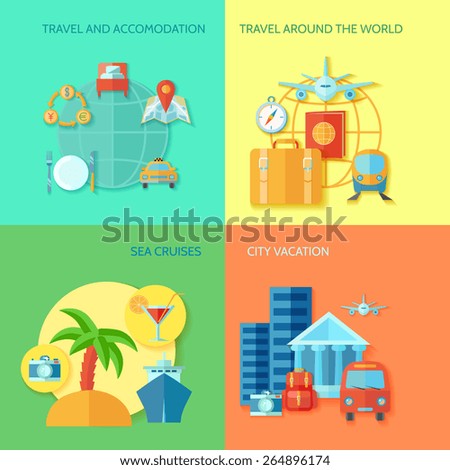 Travel design concept set with accomodation sea cruises and city vacation flat icon set isolated vector illustration