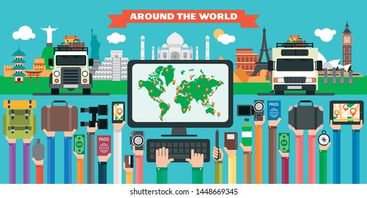 Travel design flat around the world,with SUV and camper, trailer.Vector illustration